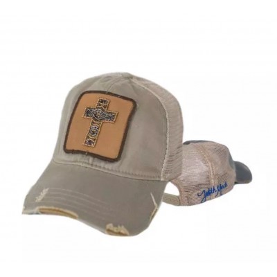 Tan Khaki Beaded CROSS DISTRESSED SIGNATURE JUDITH MARCH HAT WITH RETRO PATCH  eb-99481319